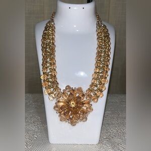 Vintage Style Gold Glass Beaded Crystal Rose Necklace NEW!